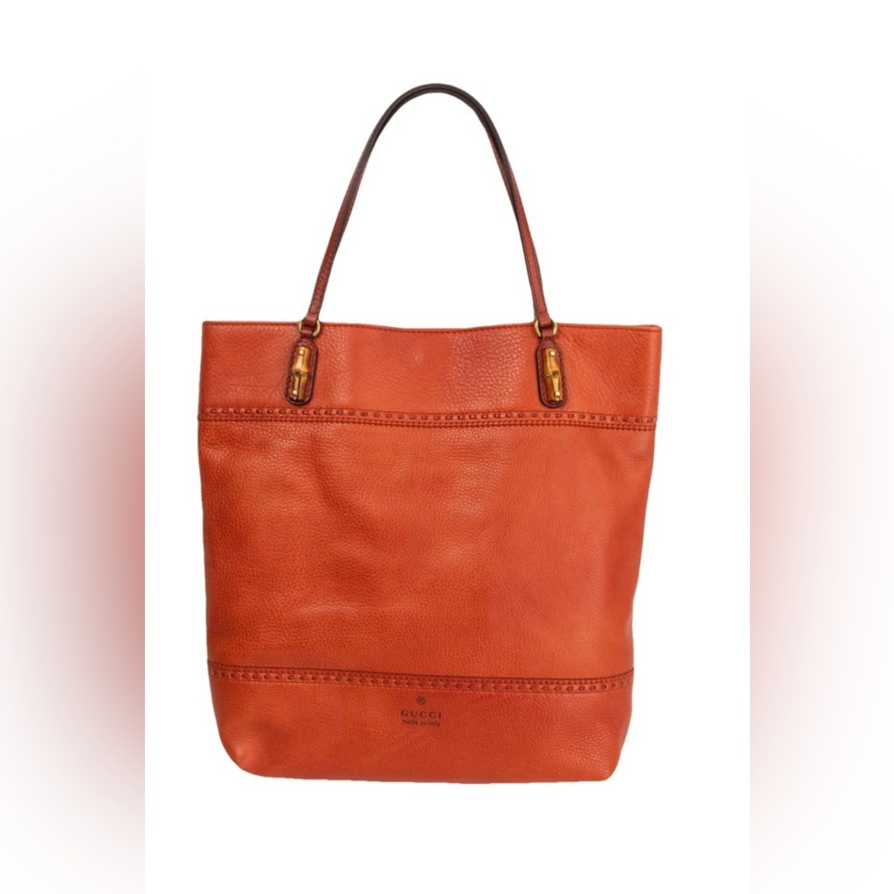 Gucci Red Orange Leather Bamboo Detail Tote Bag